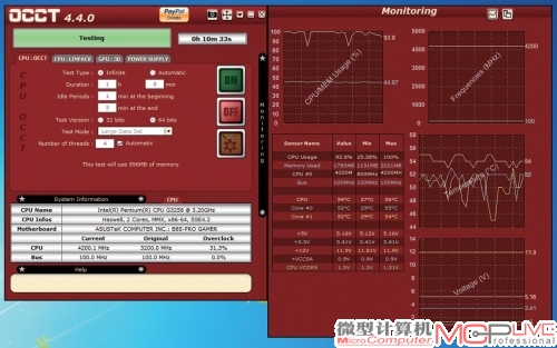 Pentium G3258超频至4.2GHz，运行OCCT拷机软件10分钟，记录CPU核心温度。